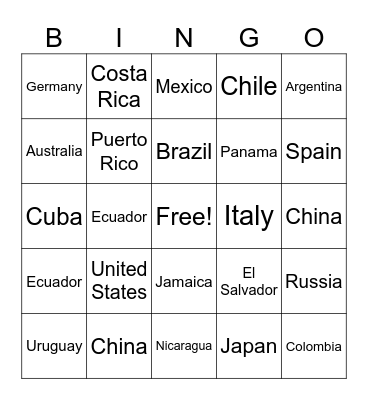 Geography/Flag Bingo Card