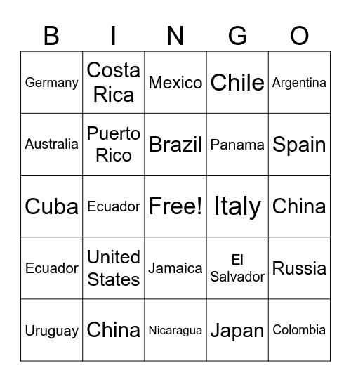 Geography/Flag Bingo Card