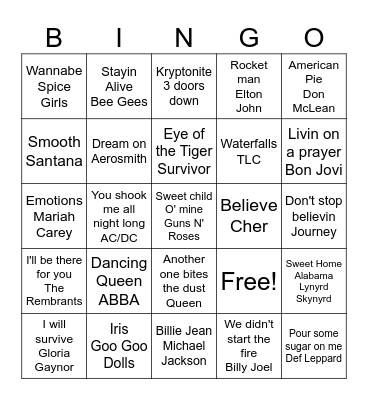 Pine Grove Music Bingo Card