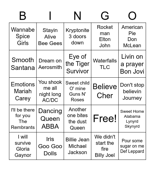 Pine Grove Music Bingo Card
