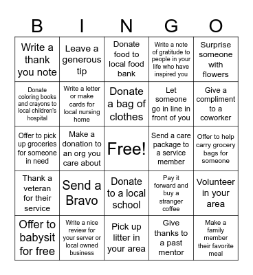 Service & Gratitude Bingo Card