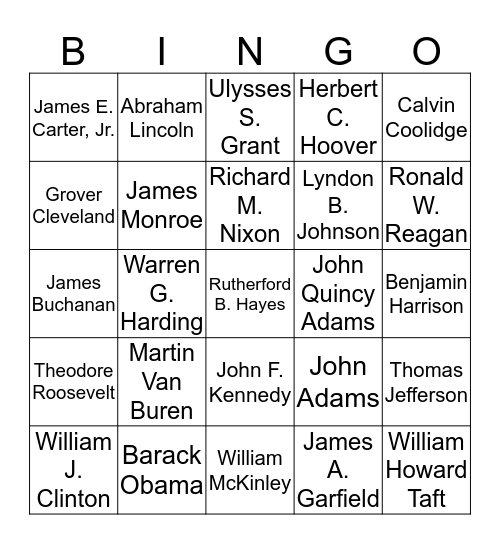 USA Presidents Bingo Card