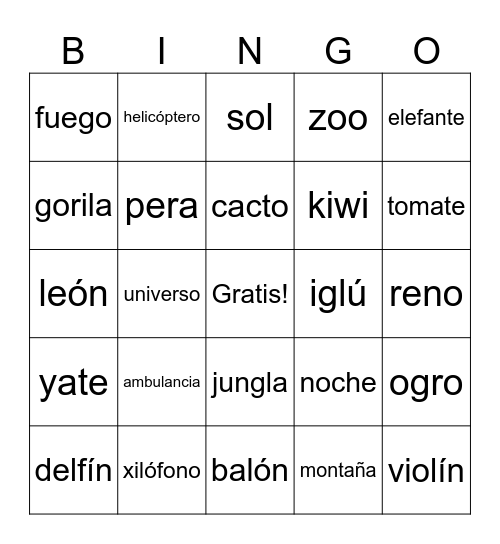 Palabras Bingo Card