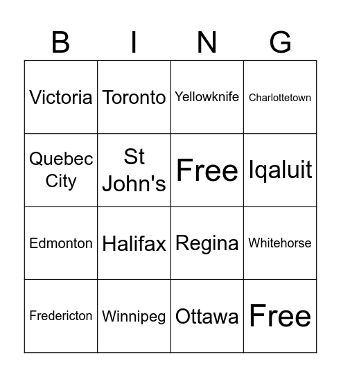 Capital Cities Bingo Card