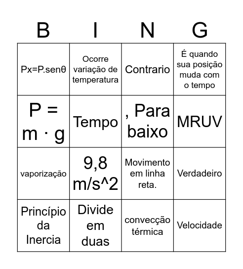 BINGO DA FÍSICA Bingo Card
