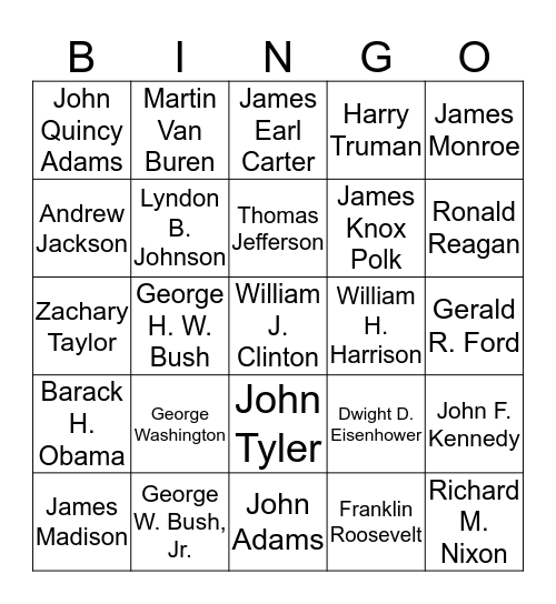 USA Presidents Bingo Card