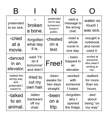 Never Have I Ever Bingo Card