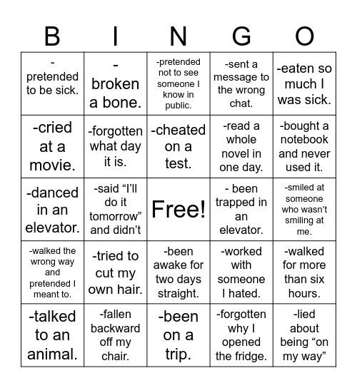 Never Have I Ever Bingo Card