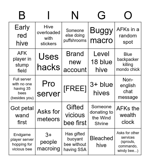 Bee Swarm Public Server Bingo Card