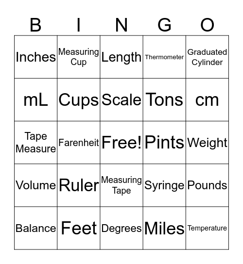 Measurement Bingo Card