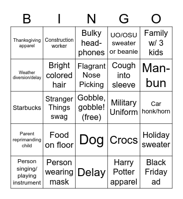Thanksgiving Travel Bingo Card