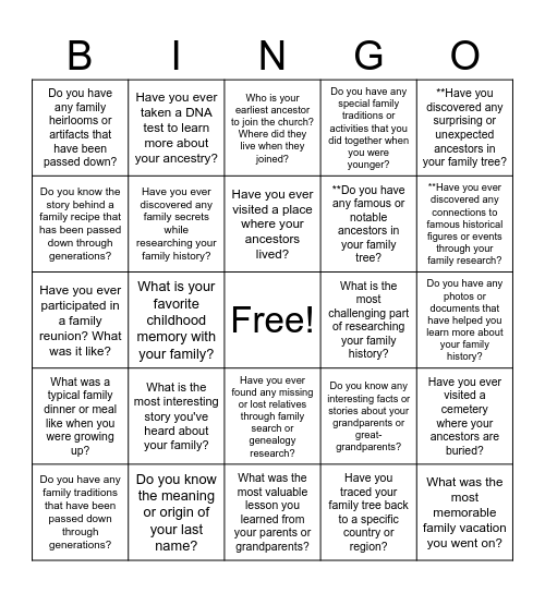 Family Search Bingo Card