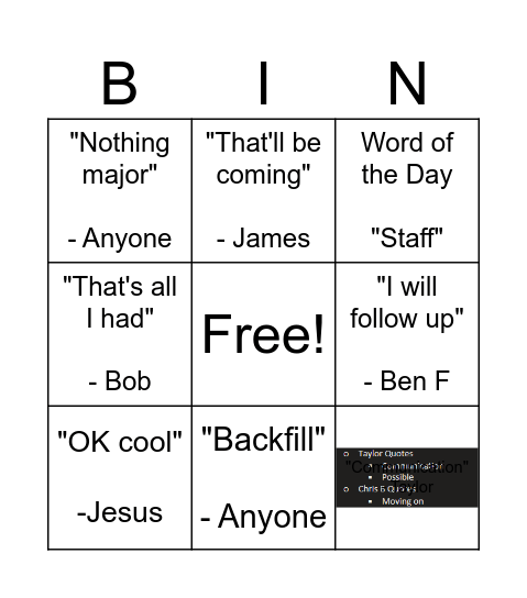 Weekly I&C Manager Meeting Bingo Card