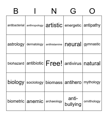 Morpheme Bingo #1 Bingo Card