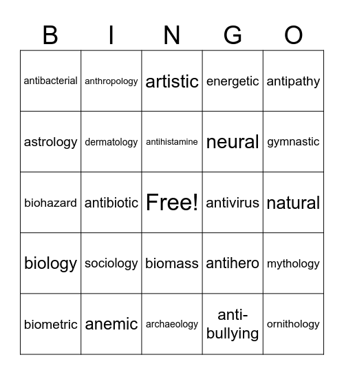 Morpheme Bingo #1 Bingo Card