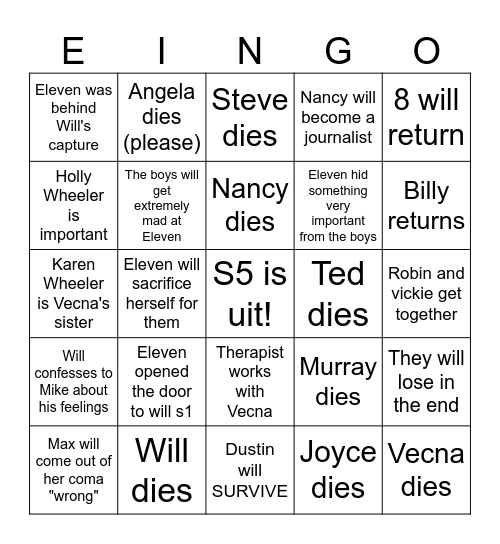 Stranger things S5 Bingo Card