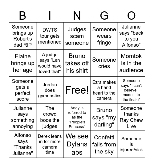 Dancing with the Stars Bingo Card