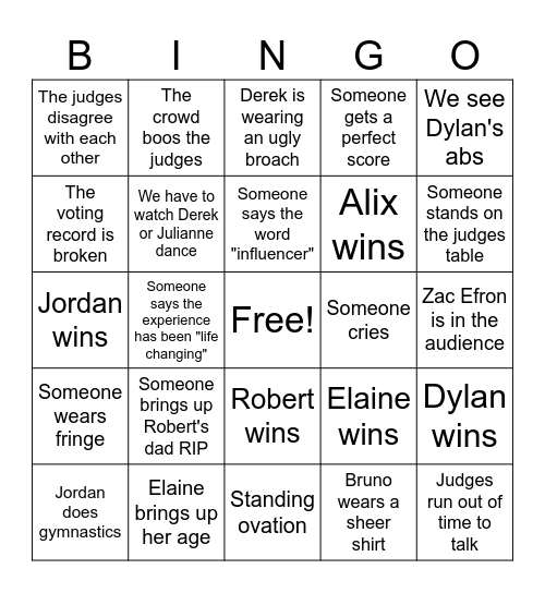 Dancing with the Stars Bingo Card