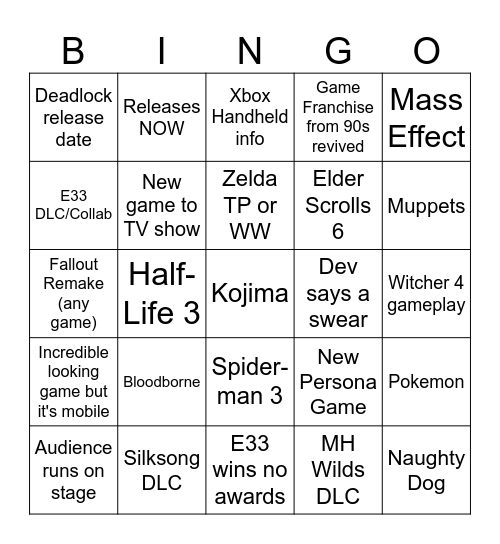2025 Game Awards Bingo Card