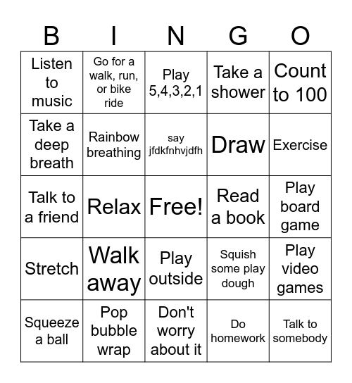 Marlow's Self Regulation Bingo Card