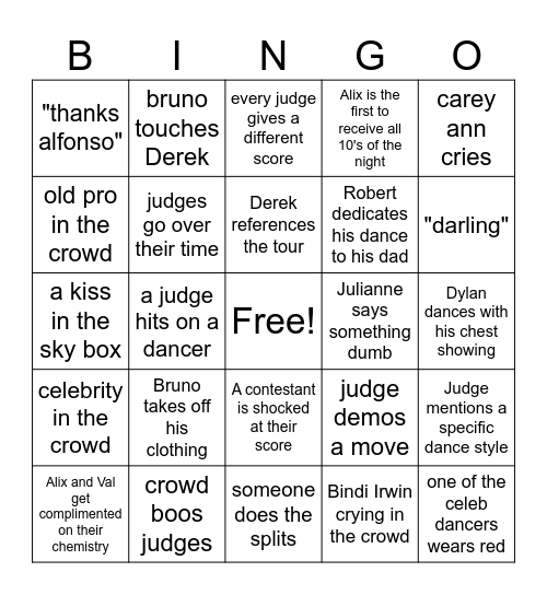DWTS 2025 Bingo Card