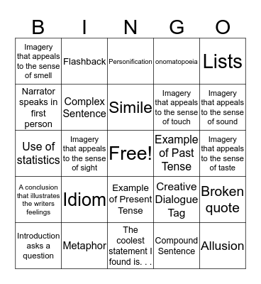 Personal Narrative Bingo Card