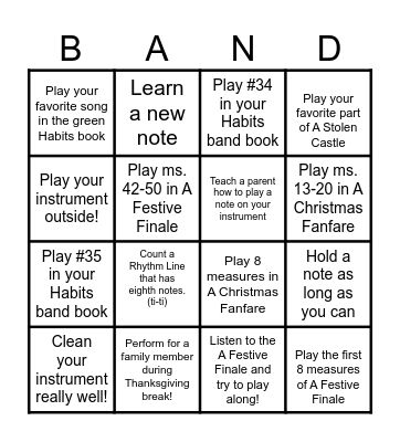 Thanksgiving Band Bingo Card