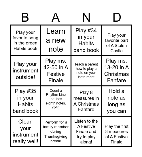 Thanksgiving Band Bingo Card
