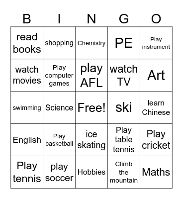 Task 1A Hobbies and Subjects Bingo Card