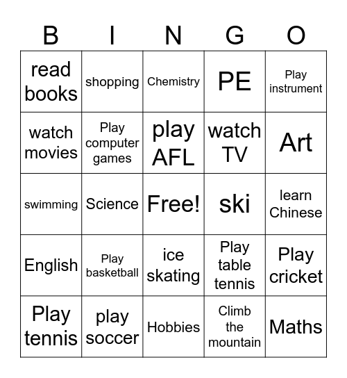 Task 1A Hobbies and Subjects Bingo Card