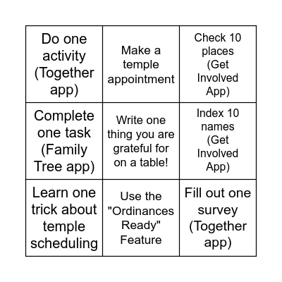 Come see Sarah when done to get a food ticket! Bingo Card