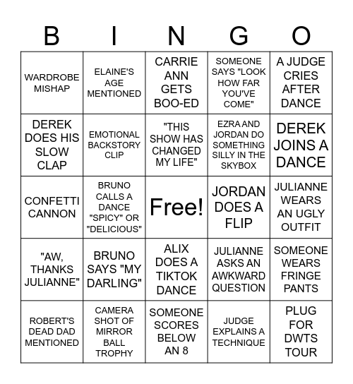 DWTS FINALE Bingo Card