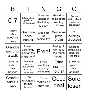 Family Thanksgiving Bingo Card