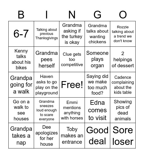 Family Thanksgiving Bingo Card