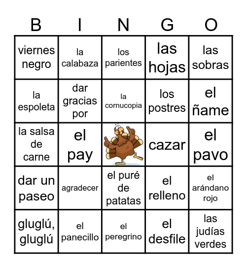Español 2: El Día de Acción de Gracias Bingo Card