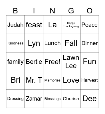 BANKS' THANKSGIVING FAMILY BINGO Card