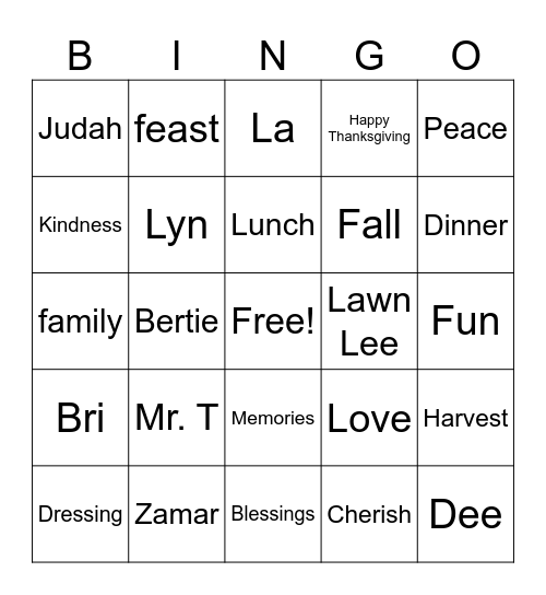 BANKS' THANKSGIVING FAMILY BINGO Card
