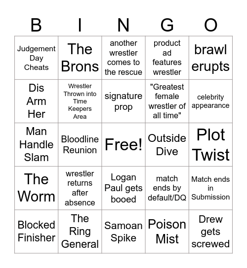 Wrestling Bingo Card