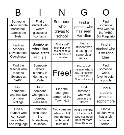 YABC TOWNHALL BINGO Card