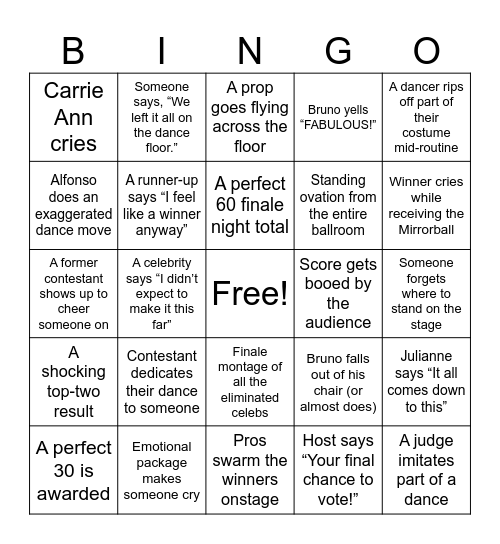 DWTS FINALE Bingo Card