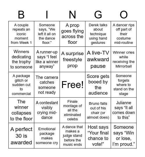 DWTS FINALE Bingo Card