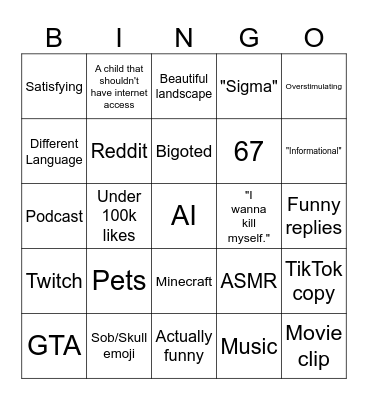 Youtube Shorts Bingo Card