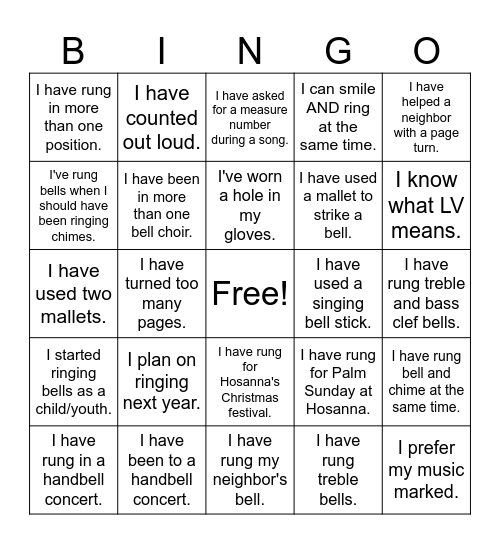 Hosanna Handbell Bingo Card