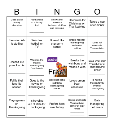 Thanksgiving BINGO Find Someone Who... Bingo Card