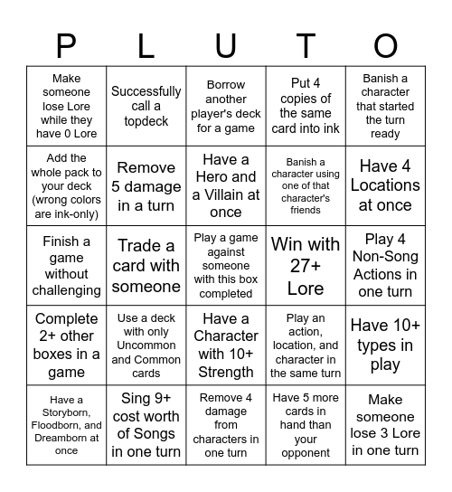 Lorcana League WotW PLUTO 1 Bingo Card