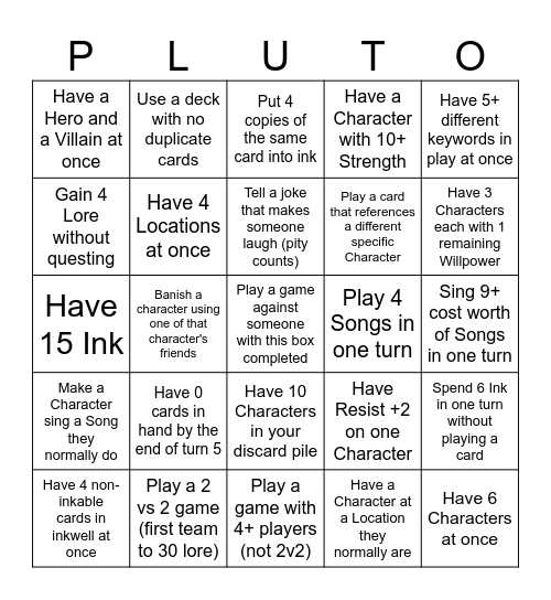 Lorcana League WotW PLUTO 2 Bingo Card