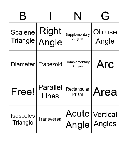Geometry Bingo Card