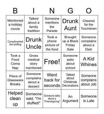 Bayville Thanksgiving Bingo Card