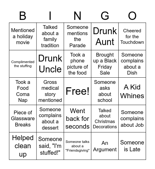 Bayville Thanksgiving Bingo Card