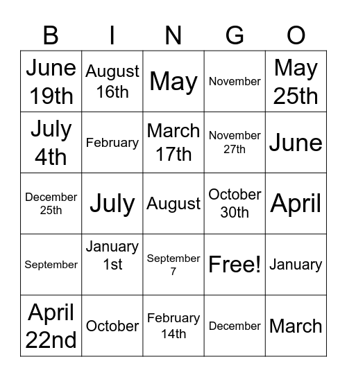 Month Bingo Card